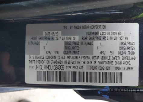 2020 Mazda Mazda6 Touring from USA, damaged, VIN JM1GL1VM6L1524369